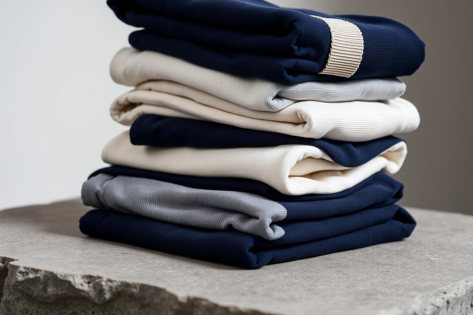 Folded premium knitted garments in navy, ecru and heather grey — export quality knitwear from Pakistan